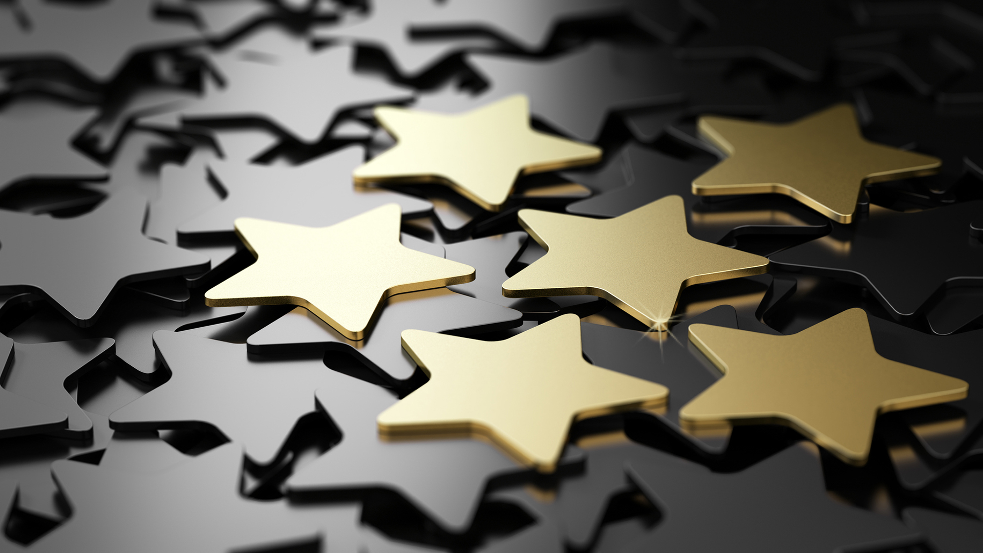 Six golden stars over black background. 3D illustration of high quality customer service