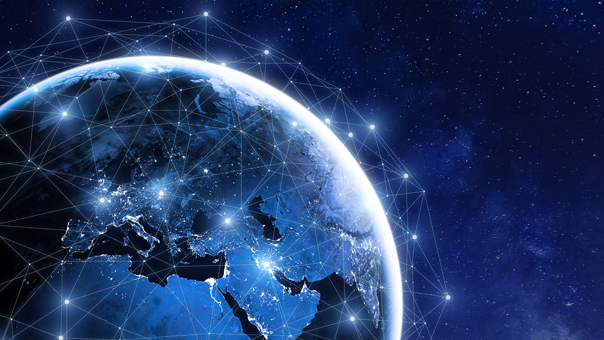 Global communication network around planet Earth in space, worldwide exchange of information by internet and connected satellites for finance, cryptocurrency or IoT technology