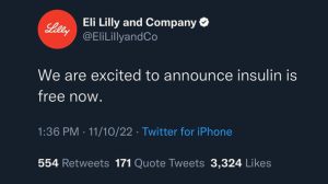 A tweet from an account impersonating Eli Lilly and Company.
